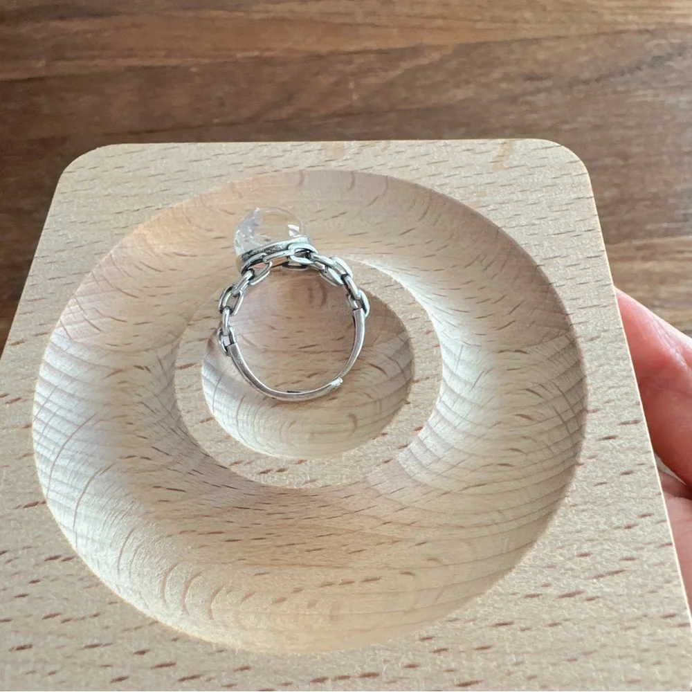 Handmade Natural Crystal Ring 925 Silver Chain Band Orange Inclusion Quartz
